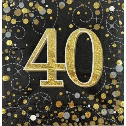 Sparkling Fizz Black & Gold 40th Napkins 16 Pkt Fashion