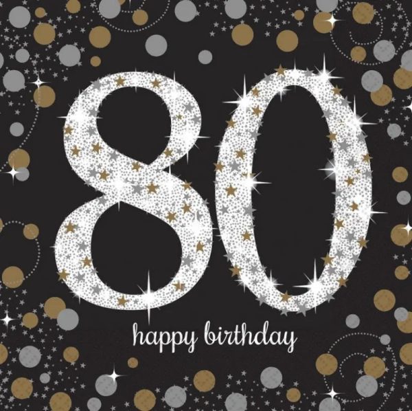 Sparkling Black 80th Napkins - Lunch 16 Pkt For Cheap