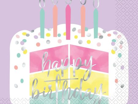 Pastel Happy Birthday Cake Napkins - Lunch 16 Pkt on Sale