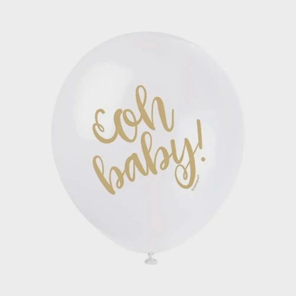 White & Gold Oh Baby Balloon - 8 Pkt Cheap