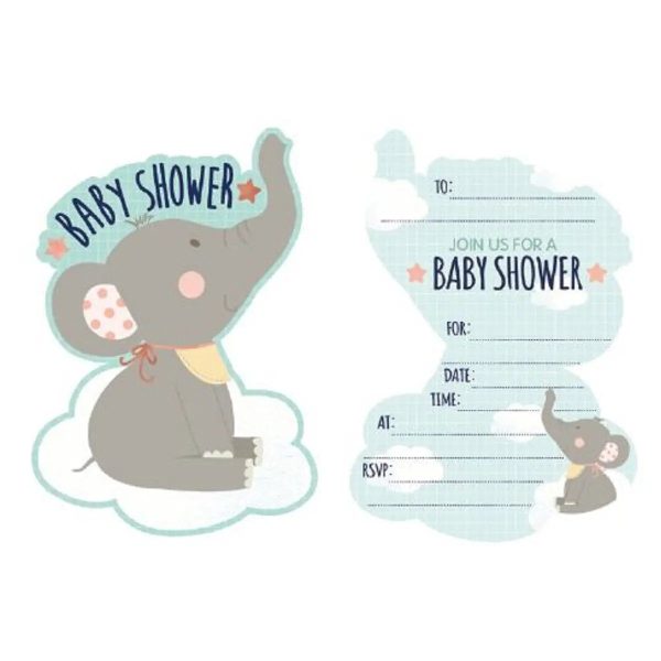 Baby Shower Elephant Shaped Invitations - 8 Pkt Online