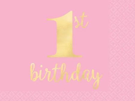 1st Birthday Pink Napkins - Beverage 16 Pkt Online now